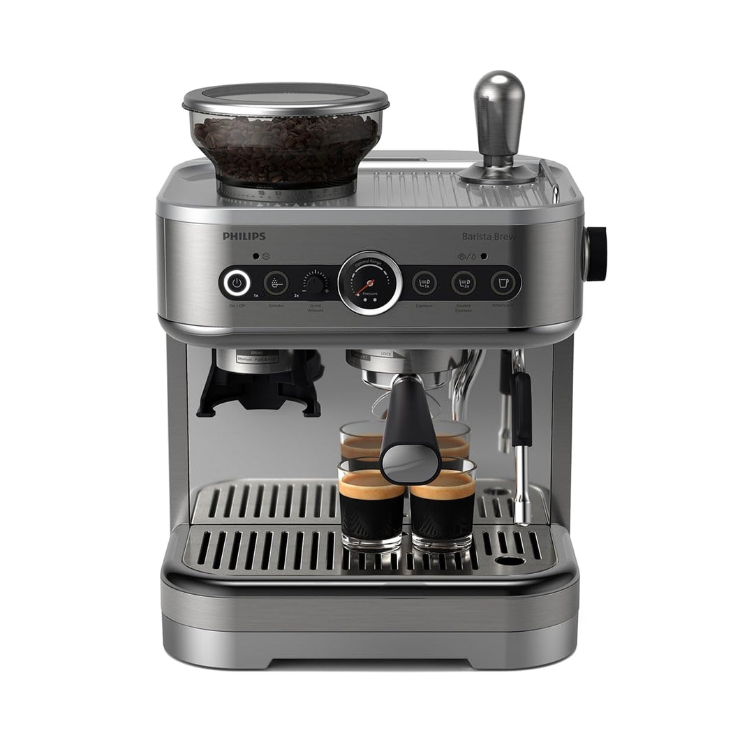 Philips Barista PSA3218/01 BREW Halbautomatische Espressomaschine - Einfacher & doppelter Espresso + Americano Taste, 250g Bohnenbehälter, Intuitive Führung, Kalibriertes Stampfen, Metall Silber (PSA3218/01)