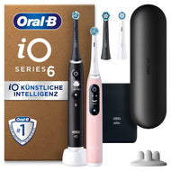 Oral-B iO Series 6 Plus Edition Doppelpack Elektrische Zahnbürste/Electric Toothbrush, PLUS 4 Aufsteckbürsten, 5 Putzmodi für Zahnpflege, Reiseetui, Designed by Braun, Black Lava/Pink Sand