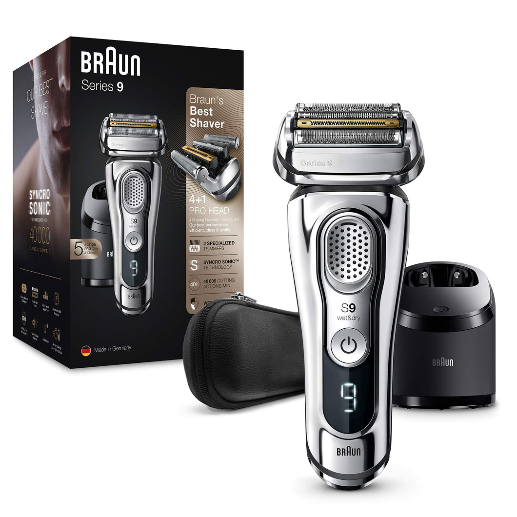 Braun Series 9 9395cc Elektrorasierer für Herren, verbesserte Reinigungs- und Ladestation, Ledertasche, Elektrorasierer für Nass- und Trockenheit, Präzisionstrimmer, verchromt | 1er Pack